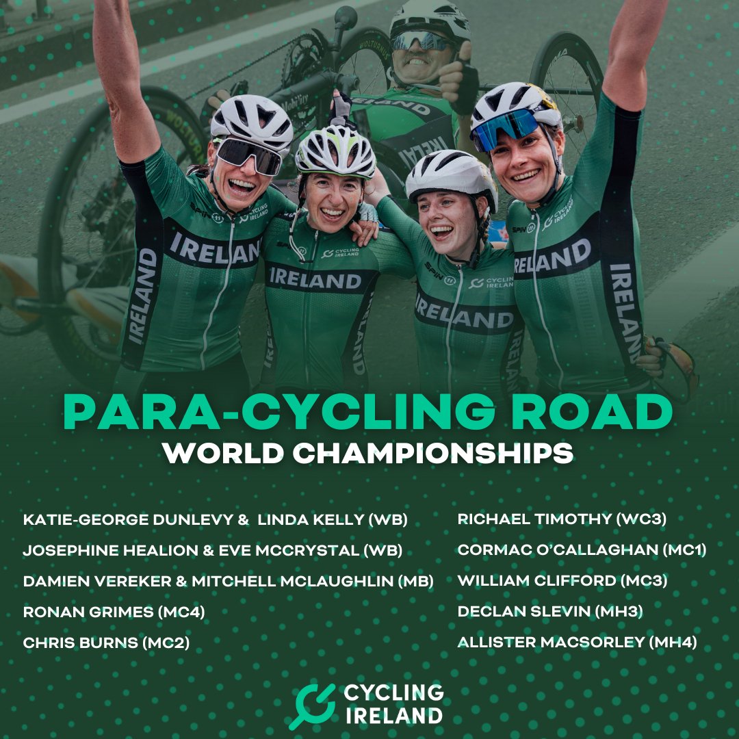 Ready to defend our World Championship titles and chase some more rainbow stripes 🌈

1️⃣3️⃣ riders will compete at the Para-cycling Road World Championships this August in Glasgow 👊

Full team announcement 👇
cyclingireland.ie/news-item/irel…

#GlasgowScotland2023