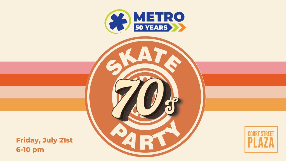 cincinnatimetro's tweet photo. Tonight we're sponsoring a 70's themed skate party from 6-10pm to celebrate 50 years of Metro! Enjoy 50% off admission and skate rentals on us at the Frisch's Mobile Roller Rink on Court Street Plaza. #50YearsofMetro https://t.co/foJKRe4nKu