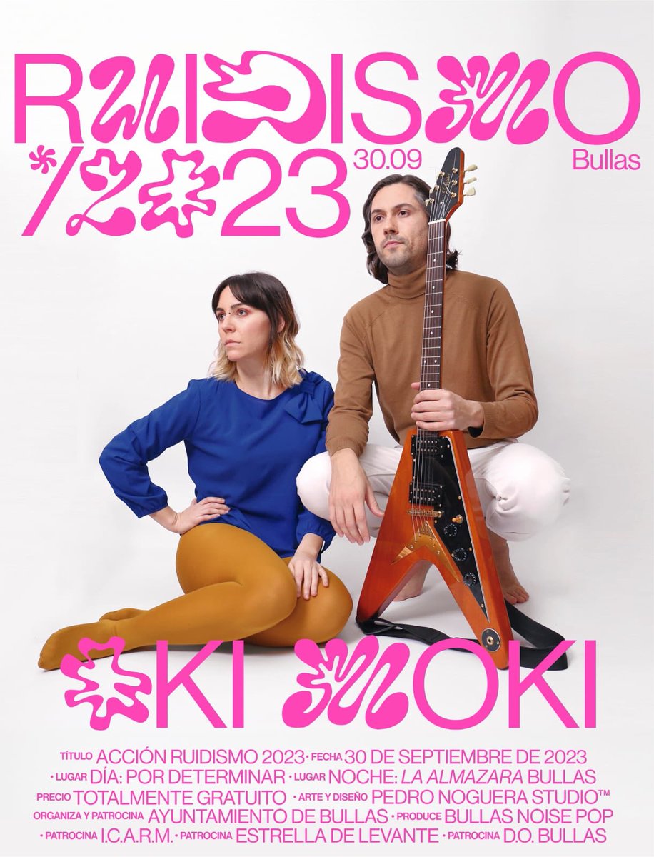 #OkiMoki - #Ruidismo2023
Bullas, sábado 30 de septiembre.
Entrada libre.

Organiza y patrocina: <a href="/aytoBullas/">Ayuntamiento Bullas</a> 
Pruduce: #bullasnoisepop
Otros patrocinadores: #ica, <a href="/estrellalevante/">Estrella de Levante</a> y <a href="/DOP_Bullas/">BULLAS D.O.P</a> #dobullas

Arte y diseño: <a href="/_drpetrus/">Pedro  Noguera</a> 

#Bullas #Música #Vanguardia #Gastronomía #Arte