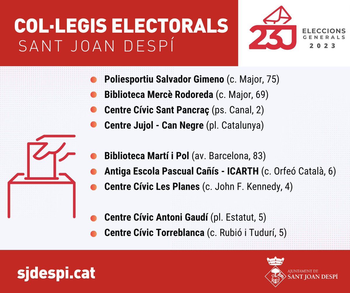 #EleccionsSJD 📩El diumenge  23 se celebren eleccions generals. 

‼️A #SantJoanDespí estan cridats a les  urnes 25.804 electors. Hi haurà nou col·legis electorals, oberts de 9 a  20 h. Consulteu el llistat de col·legis a la imatge.

👉Més informació a sjdespi.cat/bloc-informati…
