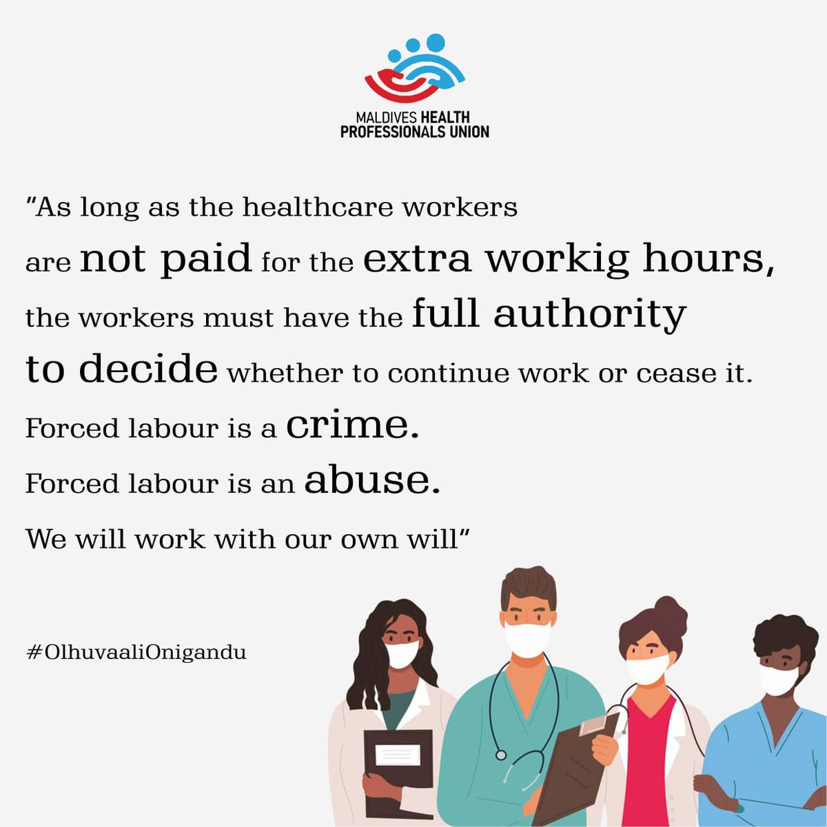 Understaffed &amp; forced to work extra long hrs, tired &amp; without periods adequate rest time compromises patient Safety. To add without being paid for the extra hrs of work is serious violation of human rights.
<a href="/KerafaNaseem/">Ahmed Naseem</a> <a href="/faya_i/">Fayyaz Ismail</a> <a href="/Ahmed_hamdhan/">Hamdhan</a> <a href="/iameeru/">Ibrahim Ameer 🇵🇸</a> <a href="/MoHmv/">Ministry of Health, Family and Welfare</a> <a href="/PSIasiapacific/">PSIasiapacific</a>