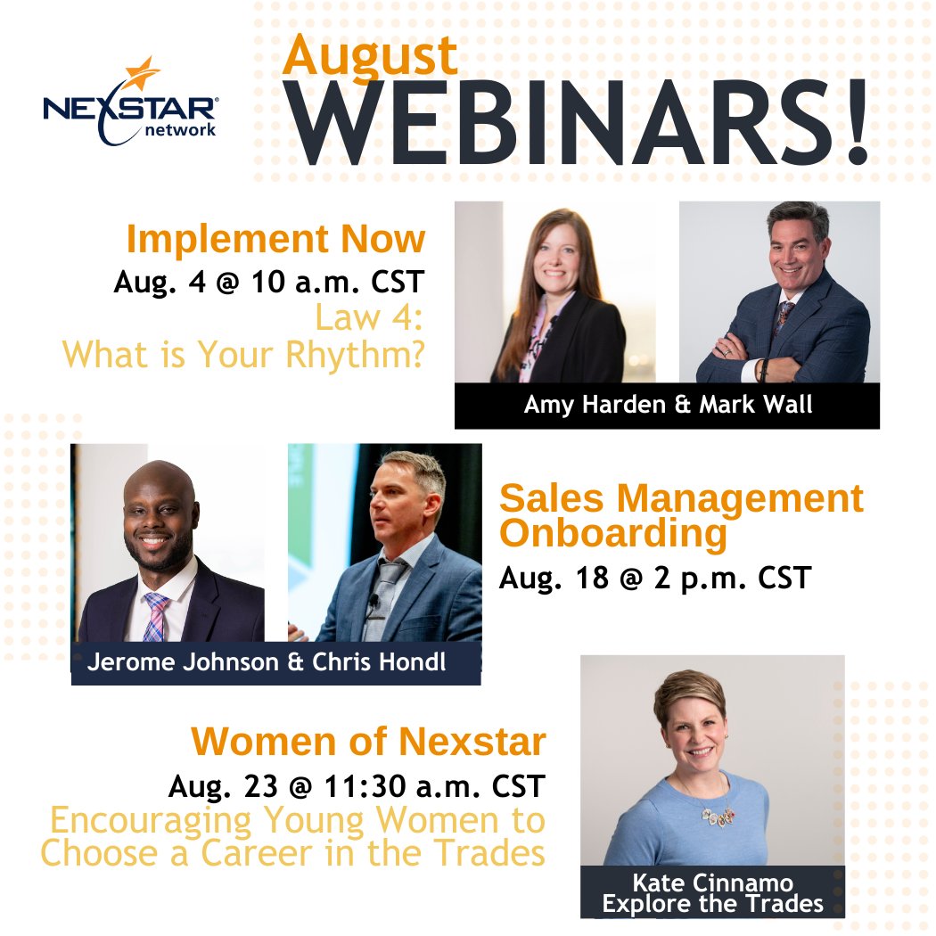"August is within sight, and we have three FREE webinars coming your way, #NexstarMembers! 

First, Implement Now on August 4 10 a.m. (CST) will be led by Implementation Coaches Amy Harden and Mark Wall: bit.ly/ImplementNowAug 

Discussion will focus on our 4th Law, which is ...