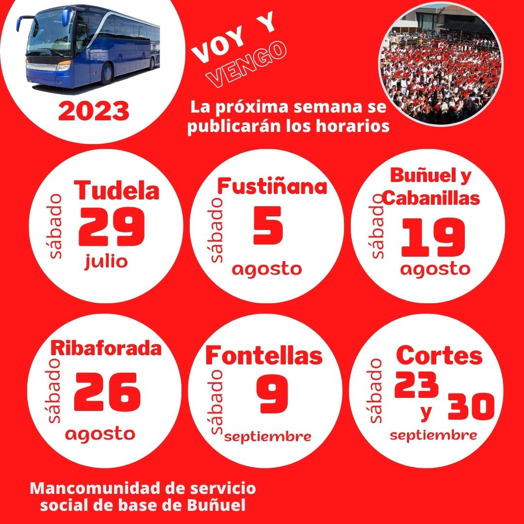 ribaforada's tweet photo. La Mancomunidad de Servicio Social de Base de Buñuel organizará el voy y vengo para las fiestas patronales de los pueblos de dicha Mancomunidad.
La próxima semana se publicarán los horarios. https://t.co/JnjLxpdFmv