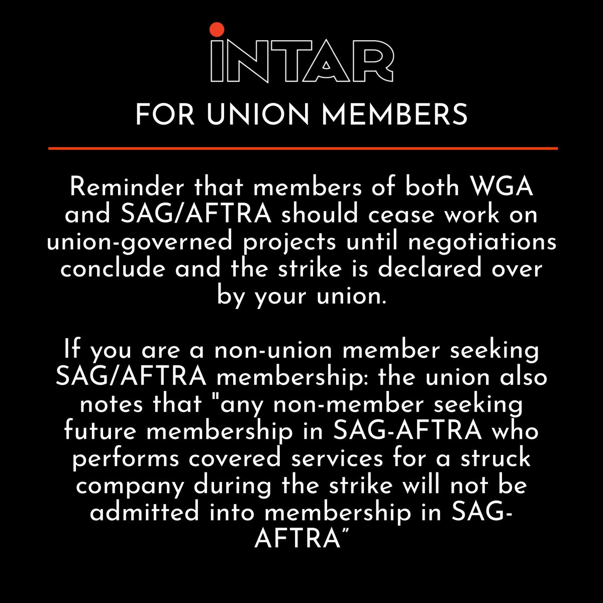 INTARTHEATRE's tweet photo. INTAR stands in solidarity with the WGA/SAG strike. Please support the picket lines if you can and show AMPTP how serious we are about fair compensation and rights for all artist!
#WGAstrike #SAGAFTRAstrike #WGAstrong #SAGAFTRAstrong #unionstrong #intar #support https://t.co/D4ADoooQPl