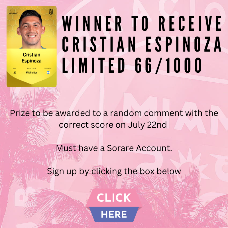 SorareHoward's tweet photo. 🚨 SORARE GIVEAWAY 🚨

Messi could make his debut tonight with Inter Miami. 

To celebrate I am giving away the current Argentinian Goat of the MLS Cristian Espinoza

TO ENTER:
Follow @SorareHoward
Like ❤️
Re-Tweet ♺
Comment the final score from the Inter Miami Game Tonight 👇