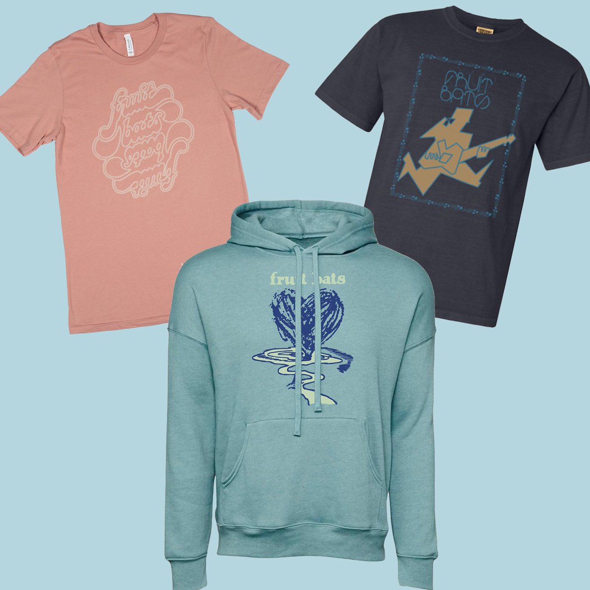 The spring ’23 tour exclusives are now up in the Fruit Bats merch store if you didn’t snag one before! 👚 Peach tee by @5pt5panoramic, black tee by Madalyn Stefanak, hoodie by @dnorsen_design all of whom rule 🙏 merch.ambientinks.com/collections/fr…