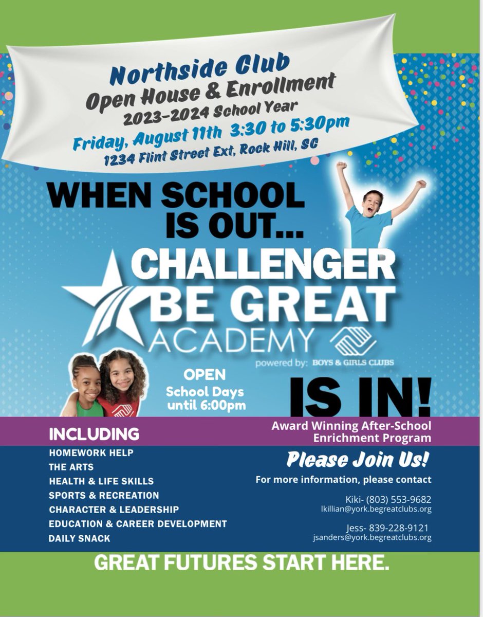 JSanders0816's tweet photo. Come join us for our enrollment event for Challenger Be Great Academy August 11th from 3:30-5:30. There will be a bounce house and free food!! 🎉🎉🎉 #boysandgirlsclub https://t.co/ahfEP5VAI7