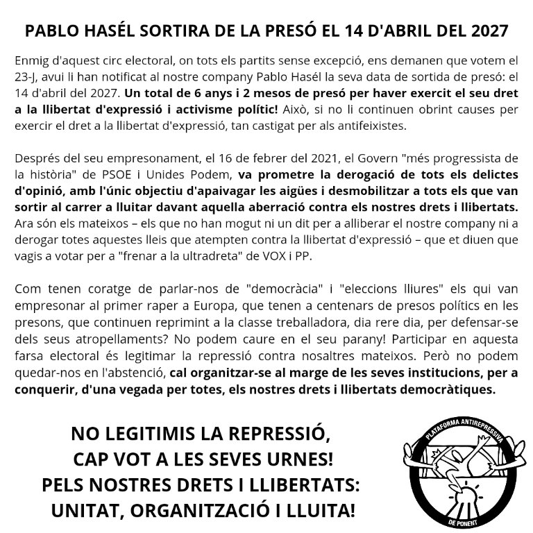 Plataforma Antirepressiva de Barcelona #PAB (@antireprebcn) on Twitter photo 🔴 ATENCIÓ: El company <a href="/PabloHasel/">Pablo Hasel</a> sortirà de la presó el 14 d'abril del 2027❗
❌ 6 anys i 2 mesos de presó per haver exercit el seu dret a la llibertat d'expressió i militància política❗
❌ PSOE i Unidas Podemos encara no han derogat els delictes d'opinió ni han mogut un dit 🔴 ATENCIÓ: El company <a href="/PabloHasel/">Pablo Hasel</a> sortirà de la presó el 14 d'abril del 2027❗
❌ 6 anys i 2 mesos de presó per haver exercit el seu dret a la llibertat d'expressió i militància política❗
❌ PSOE i Unidas Podemos encara no han derogat els delictes d'opinió ni han mogut un dit