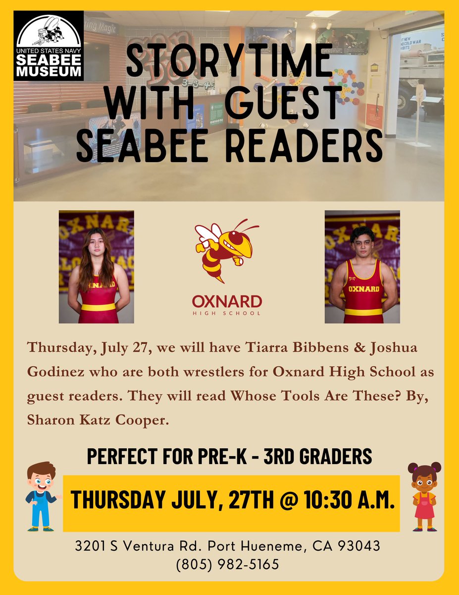 OxnardUnion's tweet photo. 📔☀️Storytime! Bring the kiddos out!

Oxnard High School Student Athletes Tiarra Bibbens and Joshua Godinez will be the guest reader at the US Navy Seabee Museum Thursday, July 27th at 10:30am.
@ohs_jackets  

#WeAreOxnardUnion
#HereWeCome
#StoryTime https://t.co/myf8erP2IO