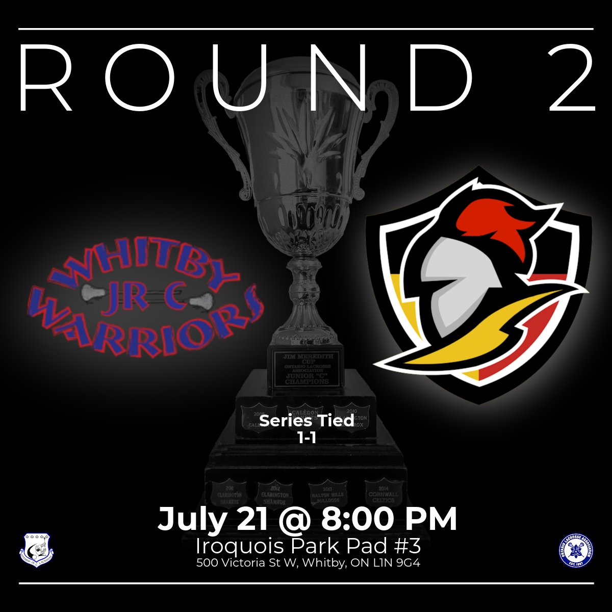 OJCLL's tweet photo. All eyes will be on Iroquois Park tonight as the thrilling series between the @warriors_jrc and @KnightsJrC  moves to Whitby for the next two games.

The action starts at 8 PM!

#ChaseForTheCup #lacrosse https://t.co/m68uzFxNEM