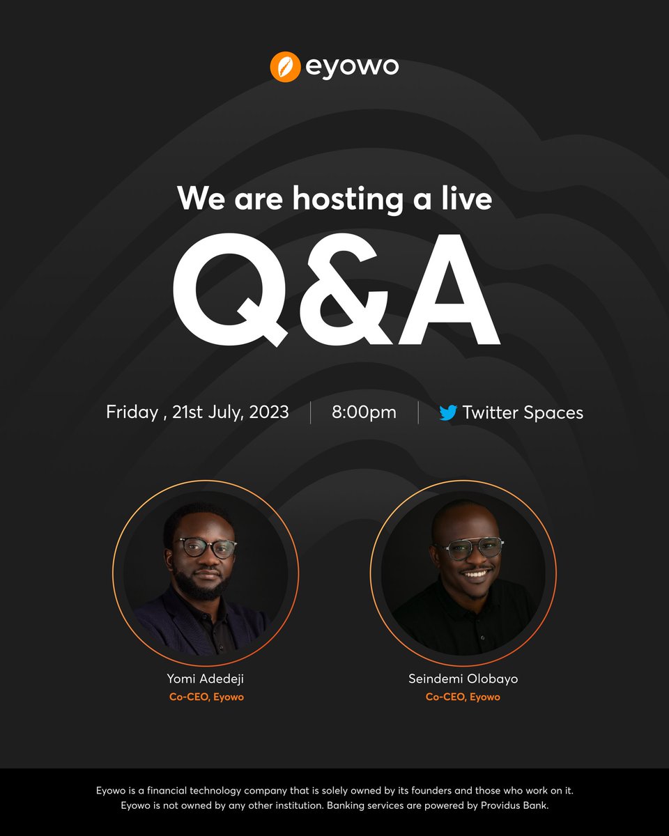eyowo's tweet photo. Join us today by 8pm on Twitter for our weekly Q&amp;A session with our Co-CEOs. 

We look forward to engaging with you.🧡

#eyowo #eyowolivesession https://t.co/c8Ek6vBlGw
