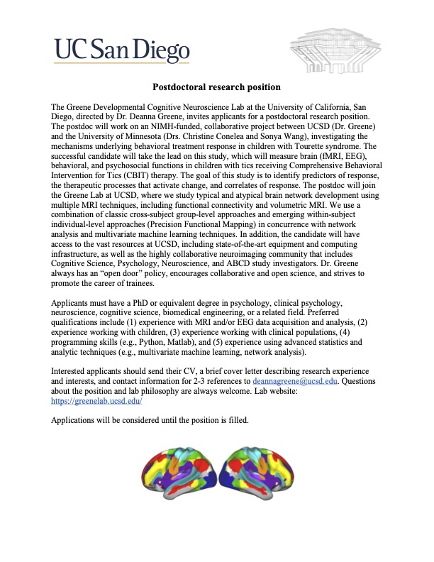 Postdoc opening! Interested in neuroimaging (functional connectivity MRI, EEG), developmental disorders, Tourette syndrome, behavioral therapy (CBIT), network analysis, &/or treatment response prediction? Apply to join our @UCSanDiego @UMNews (w/@cconelea) collab, and live in SD!