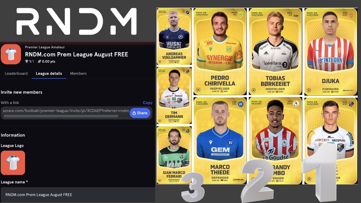🎇 Calling all ⚽️ Sorare enthusiasts! Something is cooking:

1️⃣ Like, follow, and retweet to enter! 🔄

2️⃣ Join here 👉 rndm.com/sorare-rndm-pr… ⚽️🎮

Join the #Sorare 🔥 #Giveaway now! 🎁🎉 #NftGiveaway 🚀