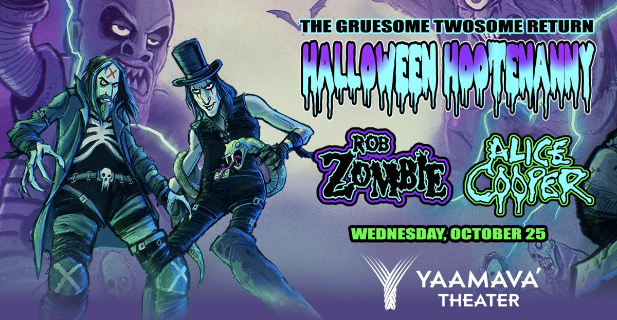 #OnSaleNow: @RobZombie and @alicecooper are bringing their Halloween Hootenanny to Yaamava' Theater on October 25! Get your 🎟️ NOW → bit.ly/44wp8n9 #AllRoadsLeadtoYaamava