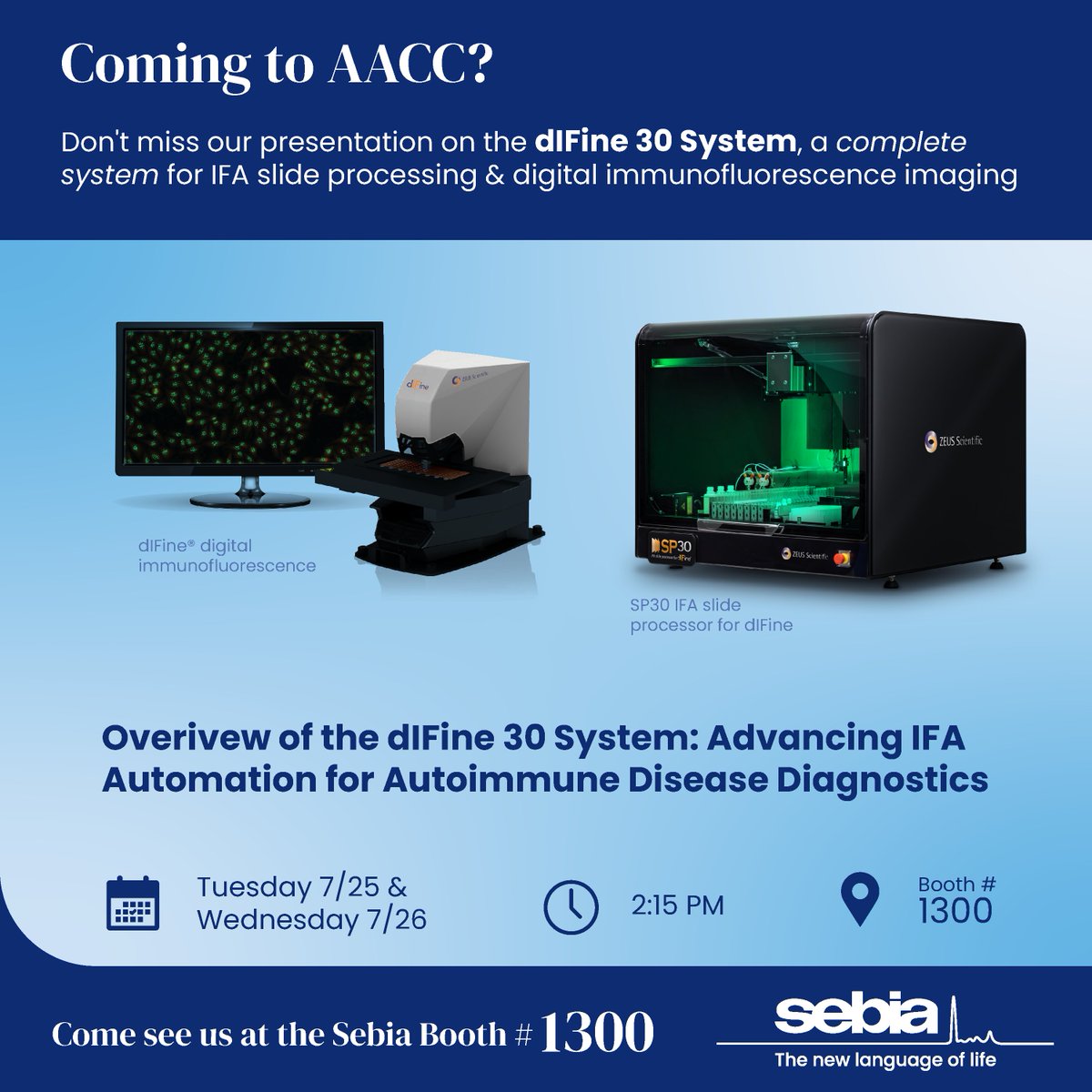 Don't miss our presentation at #AACC on the dIFine 30 System, a complete system for IFA slide processing &amp; digital immunofluorescence imaging

☑️ Overview of the dIFine 30 System: Advancing IFA Automation for Autoimmune Disease Diagnostics
📅 7/25 &amp; 7/26 🕜 2:15pm 📍 Booth # 1300