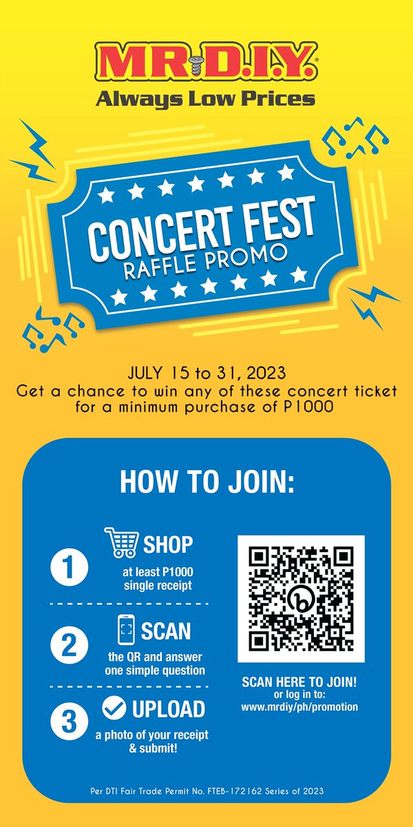 mrdiyPH's tweet photo. Be one of the 20 winners of Concert Fest Tickets! 🎤🎫🎶

Get a chance to win one (1) The Super Stage by K-POP Upper B Ticket OR one (1) Circus Music Festival Concert Platinum Ticket when you meet at least P1,000 minimum spend!

#AlwaysLowPrices #MeronDIYan #MRDIYConcertFest https://t.co/SHMXC3gqgA