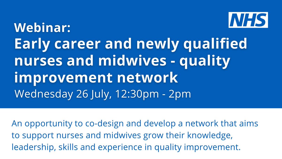 teamCNO_'s tweet photo. If you're an early career or newly qualified nurse or midwife, don't miss this exciting opportunity to co-design a new quality improvement network, 26 July 12:30pm - 2pm. To book your place, email: England.qi.earlycareernursesandmidwives@nhs.net #teamCNO https://t.co/lOLmbWqjsj