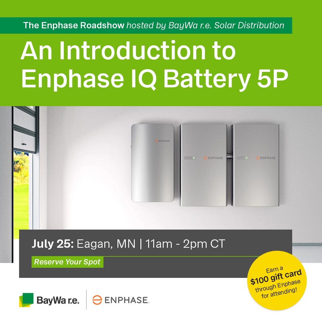 #SolarPros in MN: Don't forget to RSVP to the @Enphase Energy Lunch & Learn training event on Tuesday, July 25! Join us for a day of good food and fun while you learn about the brand-new IQ Battery 5P: ow.ly/L7EA50P98rR