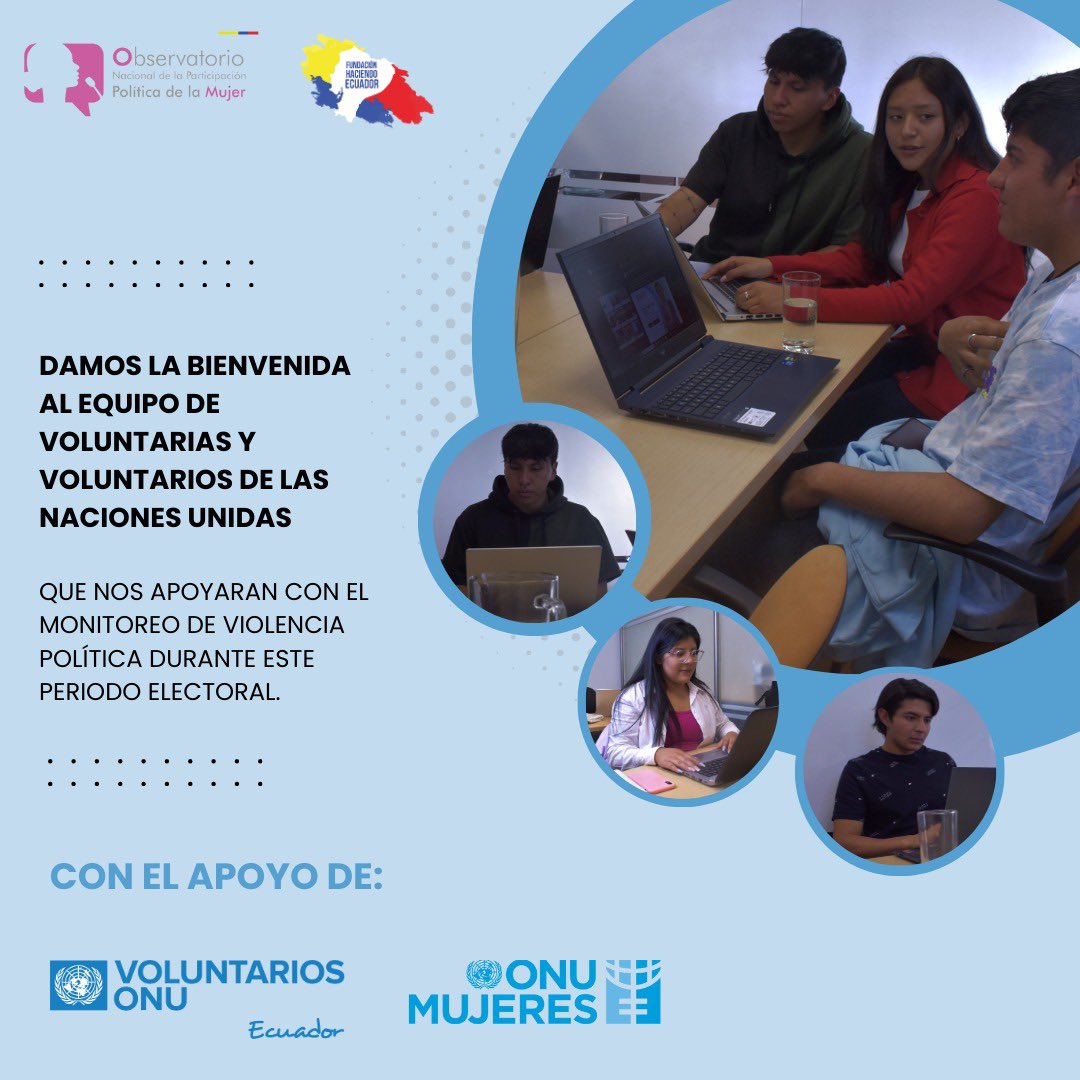 Obs_MujeresEc's tweet photo. ¡PONLE FIN A LA VIOLENCIA POLITICA CONTRA LAS MUJERES!
Damos la bienvenida al equipo de voluntarias y voluntarios de @UNVOnline ;
Con el apoyo de @VNUEcuador y @onumujeresEcu
#SeguimosObservando
#ObsMujeresEcuador https://t.co/btsxpmFenH
