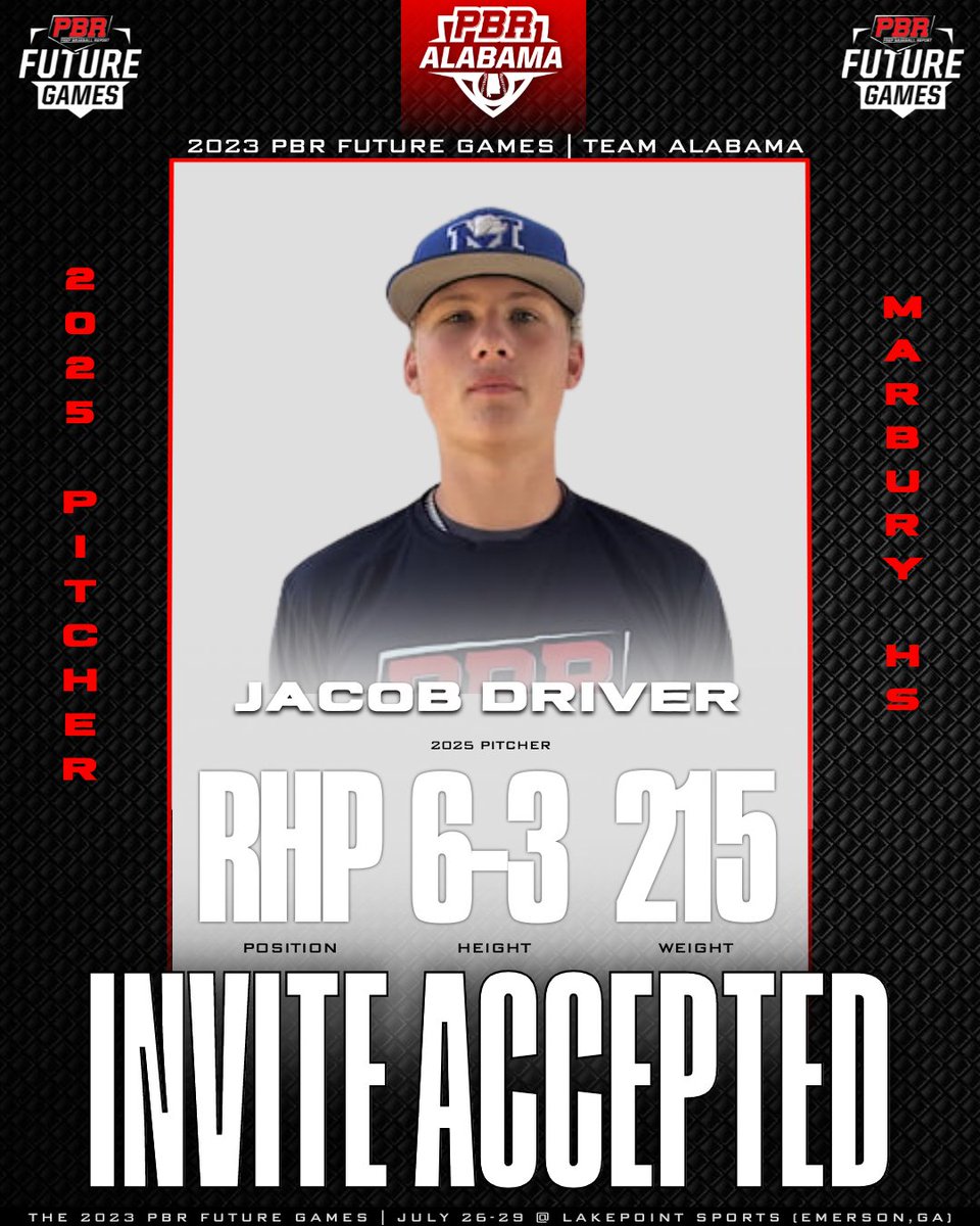 #PBRFG23: 𝐈𝐧𝐯𝐢𝐭𝐞 𝐀𝐜𝐜𝐞𝐩𝐭𝐞𝐝 🌟

RHP Jacob Driver (<a href="/JacobDriv8/">Jacob Driver</a>; @MHSBullogBSBLL) has accepted his invite to represent 𝐓𝐞𝐚𝐦 𝐀𝐋 at the 2023 PBR Future Games.

One of the top uncommitted pitchers in the 2025 class in AL.

👤 PROFILE: loom.ly/r9Y6pks