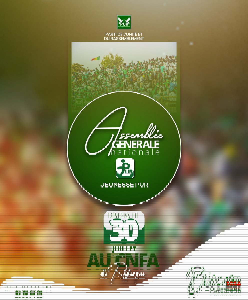 JeunessePUR's tweet photo. Toujours fidèle à sa logique de faire de la jeunesse un levier incontournable dans le fonctionnement du parti PUR, la
Jeunesse PUR organise une Assemblée Générale le Dimanche 30 Juillet 2023 à Rufisque. https://t.co/vbxFkUr5Hj