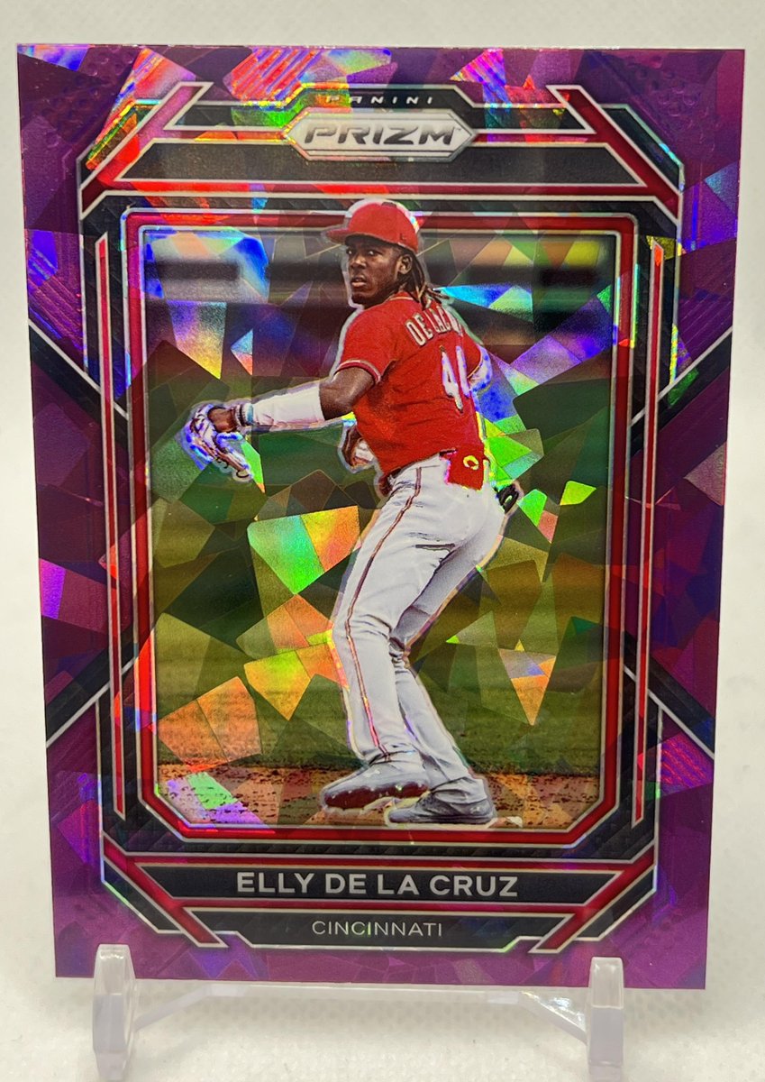 Just opened a hobby box of the brand new 2023 Panini Prizm Baseball!! got lucky and hit the PURPLE ICE HOT BOX!!  Even luckier to hit this beautiful card in the purple ice parallel!! video coming soon. #paniniprizm #panini #ellydelacruz #baseballcards 

@CardPurchaser