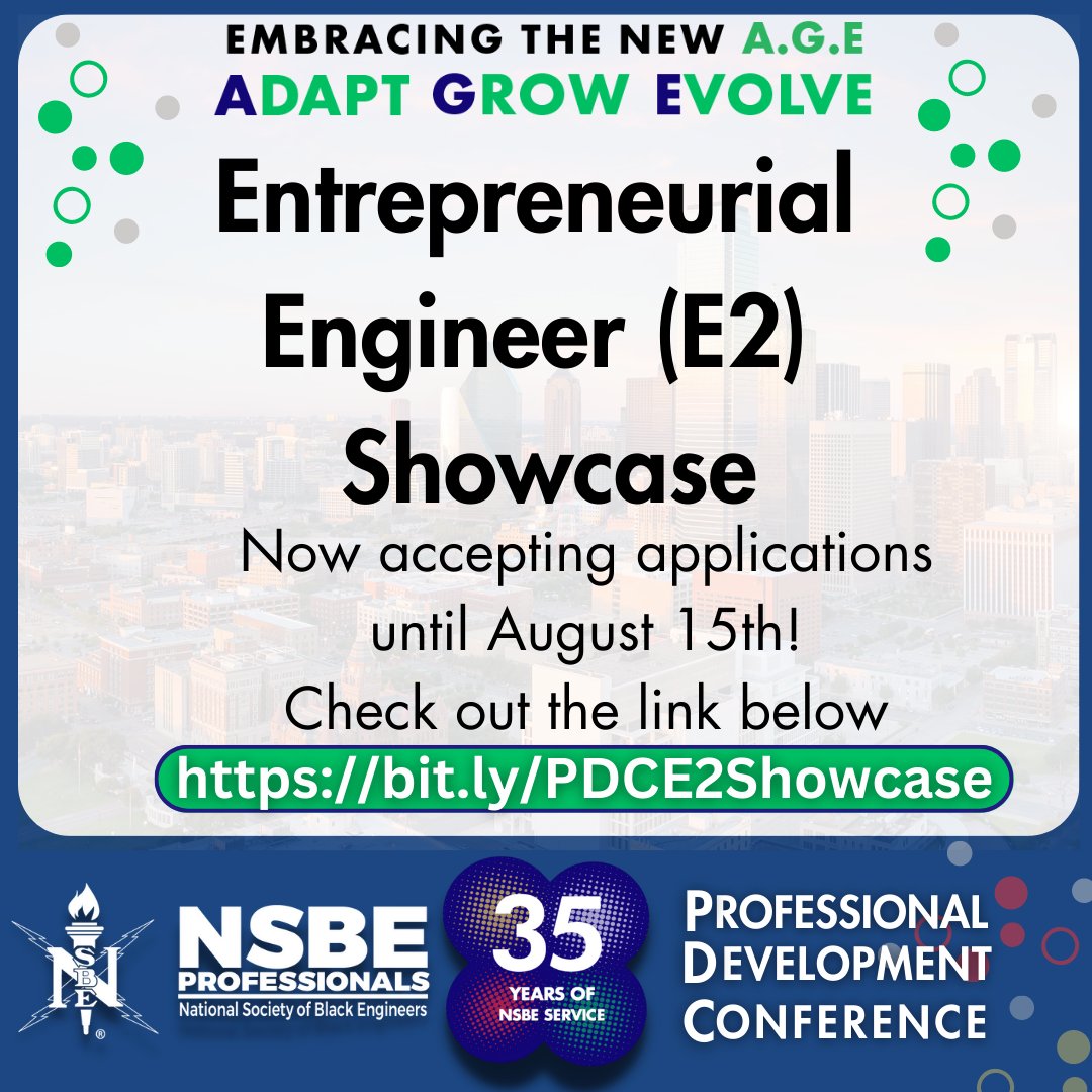 Are you an entrepreneur looking for an opportunity to showcase your business? Sign up for our Entrepreneurial Engineer (E2) Showcase Competition. Review eligibility and apply by August 15th at bit.ly/PDCE2Showcase! 
#NSBEPDC2023 #NSBEPros #BlackEngineers #NSBE