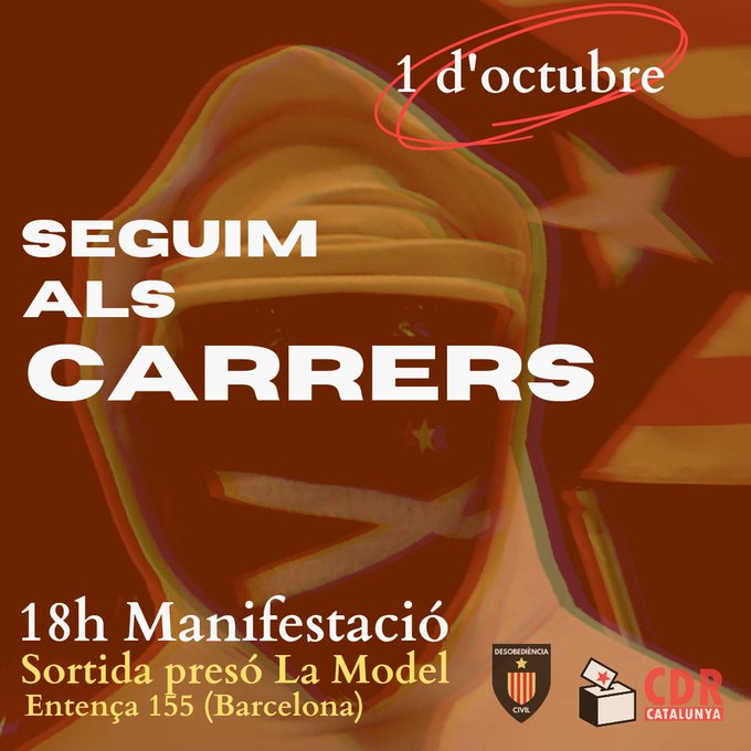 Sortim de la presó de l'autonomia, recuperem la independència al carrer ✊
Aquest 1 d'octubre seguim als carrers 
🕧 18h
📌 Presó Model (Entença 155)