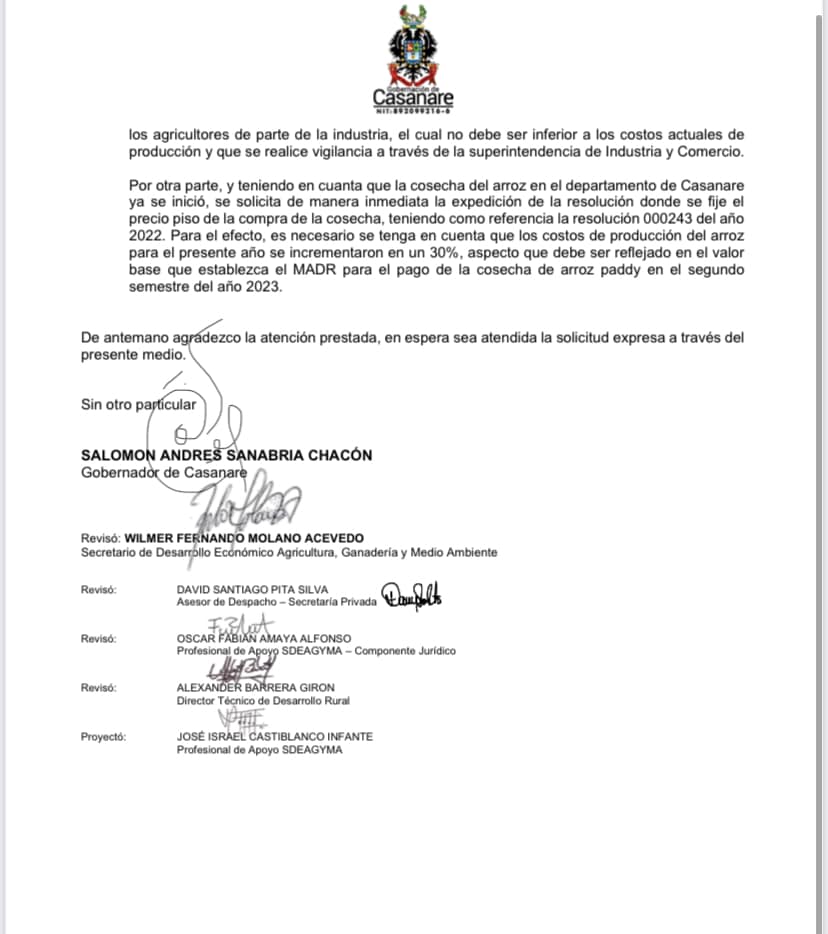 Un llamado al diálogo entre el gremio arrocero y el Ministerio de Agricultura hizo <a href="/SALOMONGOBER/">SALOMON SANABRIA CHACON</a>  "Necesitamos que los arroceros de mi departamento sean escuchados, para ser entendidos, y que las problemáticas que presenta el sector tengan soluciones viables, de juicio y