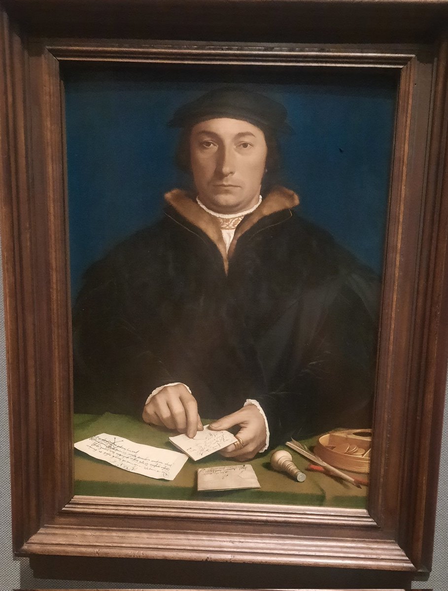LeahVeronese's tweet photo. Some cracking letters at Vienna's @KhmWien. Address forms part of Joos Van Cleves' flattery in his portrait of Queen Eleanor of Austria. Letter reads 'Most Christian &amp; powerful Queen, my Mistress'. Ace @letterlocking in Holbein's Dirck Tybis. Is that a triangle lock I spy? https://t.co/hoeNHwgf6Q