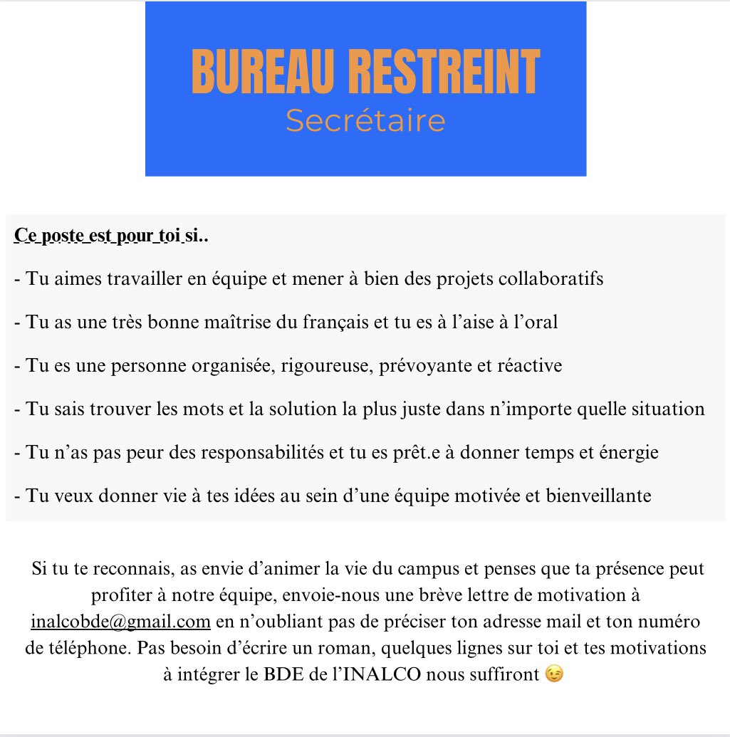 BDE_INALCO's tweet photo. Voici les fiches de poste pour les 4 rôles à pourvoir au sein du ✨bureau restreint✨ pour l’année 2023-2024 ! https://t.co/h76sQHIfY3