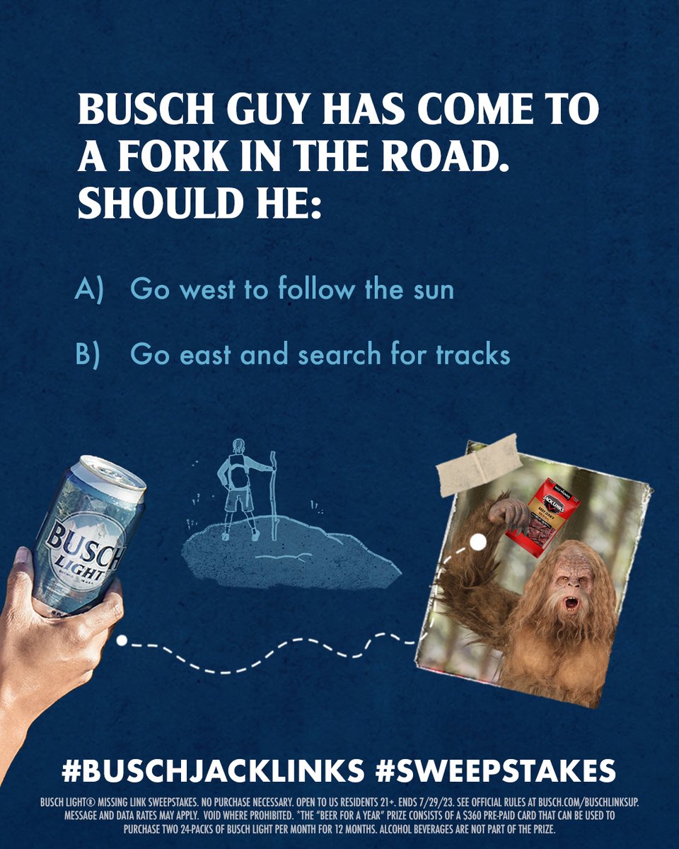 The hunt for Sasquatch and his <a href="/JackLinks/">Jack Link's Jerky</a> supply continues. What should Busch Guy do next? ​​​

Comment your answer below with #BuschJackLinks #Sweepstakes for a chance to win a year’s supply of beer and beef!