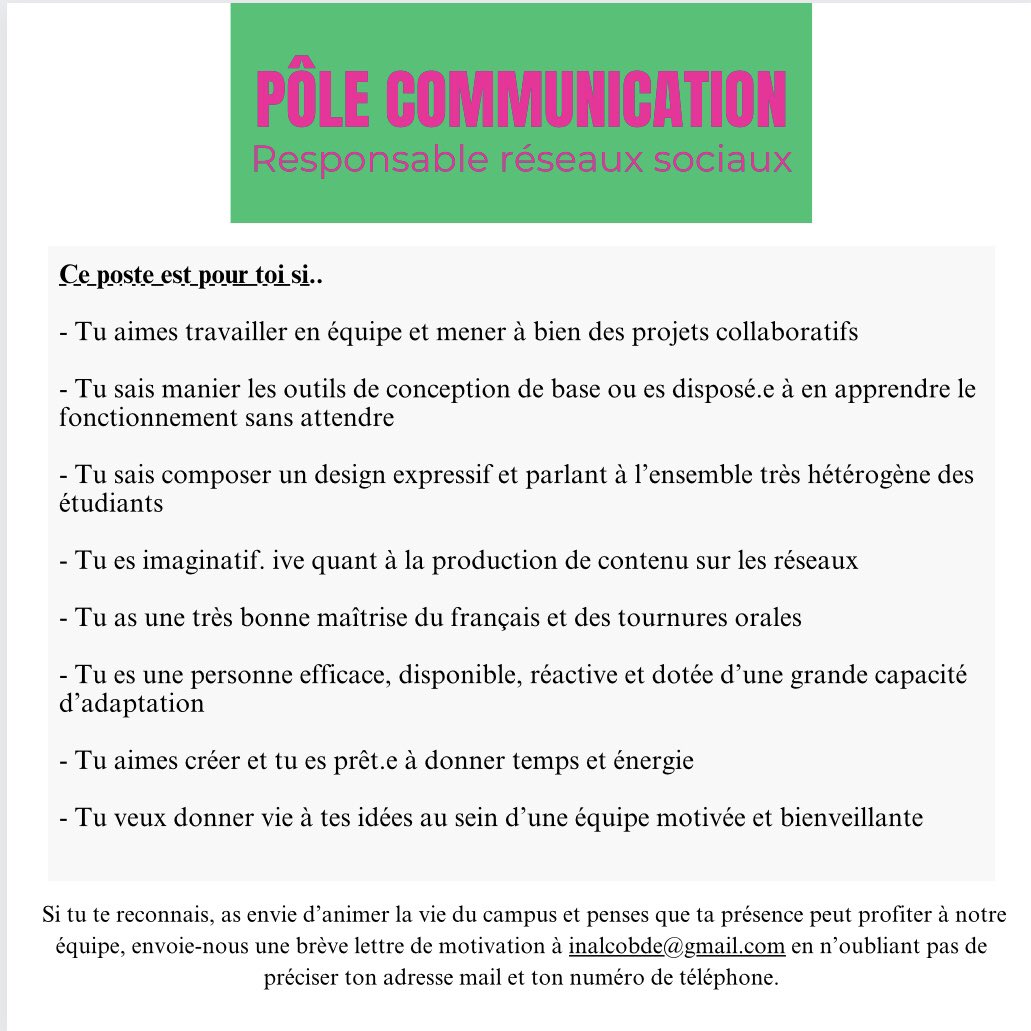 BDE_INALCO's tweet photo. Voici les fiches de poste pour les 2 rôles à pourvoir au sein du ✨pôle comm✨ pour l’année 2023-2024 ! https://t.co/RBx4zTZe8h