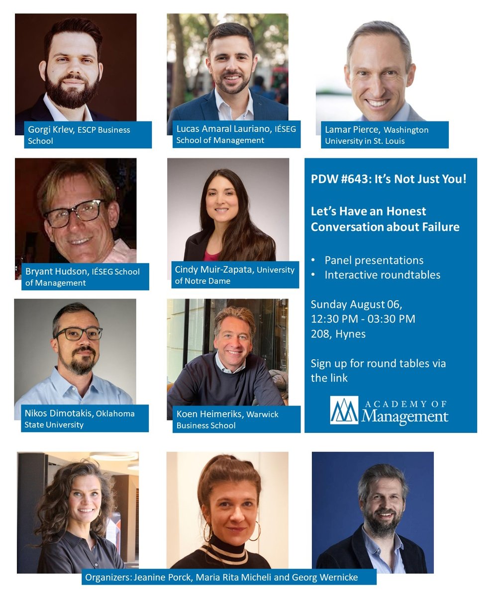 It’s not just you! #Failure is part of the Academic journey. But maybe the real failure is failing to learn from it.

So let’s talk about it openly and honestly in a workshop (643) on Sunday Aug 6 at #AOM2023

Register for the roundtables 👉 shorturl.at/qvT46

#mgmttwitter