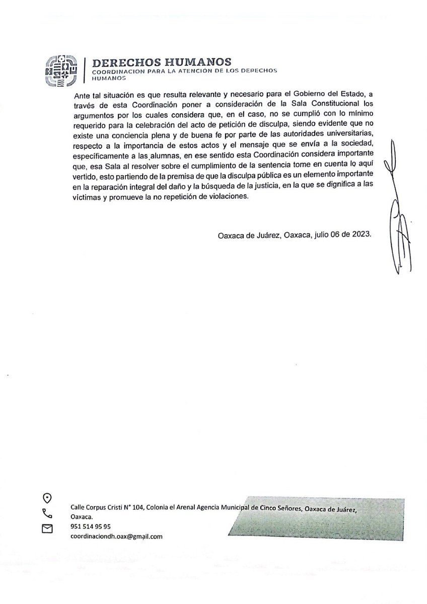 CADH_GobOax's tweet photo. Con los estándares mínimos requeridos para la realización de esta medida de satisfacción e incluso pudo haber sido revictimizante, además de que dicha disculpa no fue aceptada por la víctima.

En ese sentido, esta Coordinación estimó necesario presentar ante dicha Sala https://t.co/wukHegyj5a
