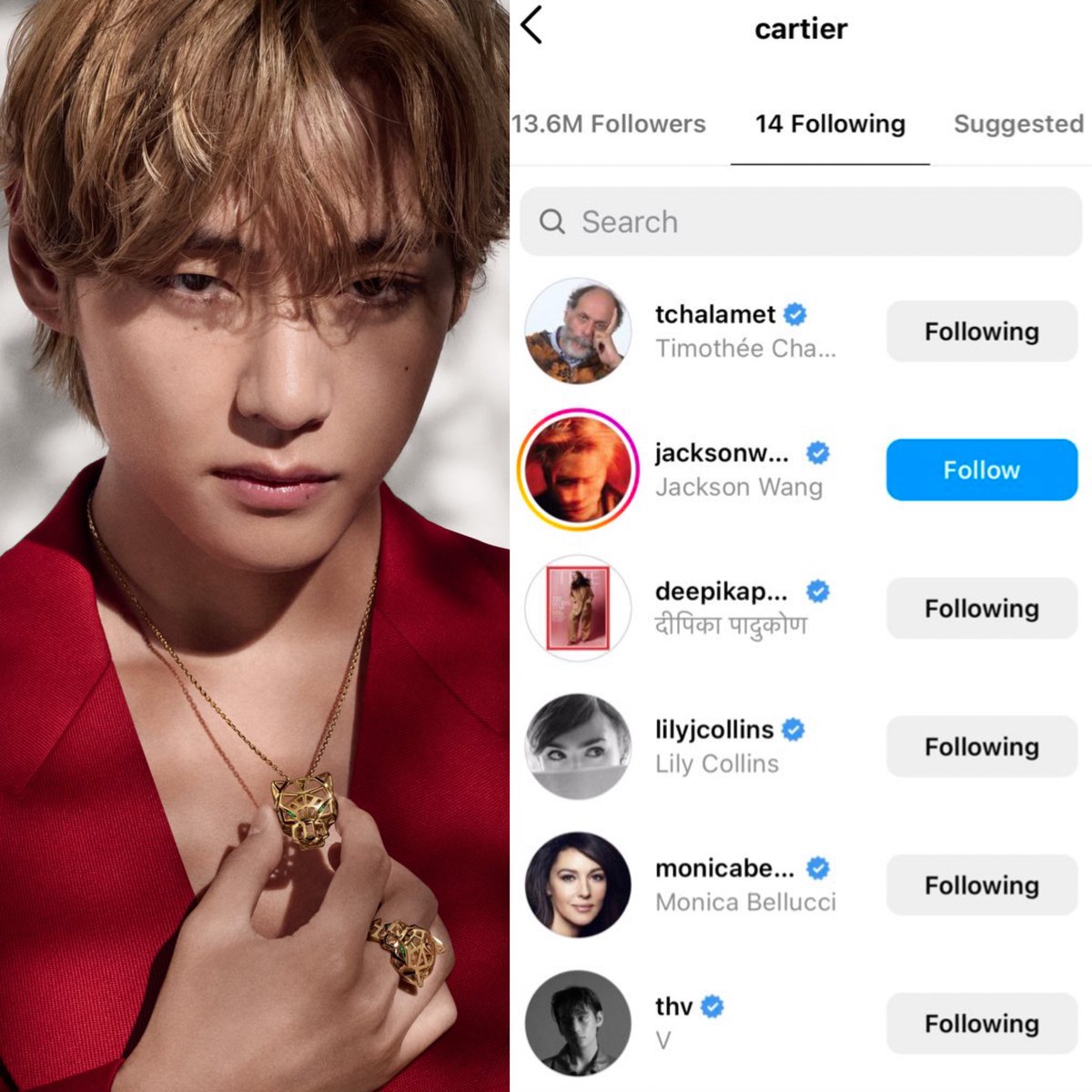 RT @taeguide: [INFO] Cartier has now started following their Global brand Ambassador Taehyung on instagram https://t.co/ZbqVlvKlqs