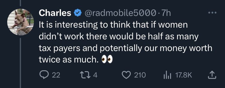 Th3BigMacAttack's tweet photo. @AlexCDesilets @radmobile5000 @ianmiles “if women didn’t work there would be half as many tax payers”

Only way to make this hypothetical work is if the ability to work was taken away from women. https://t.co/hvs4NUlcy6