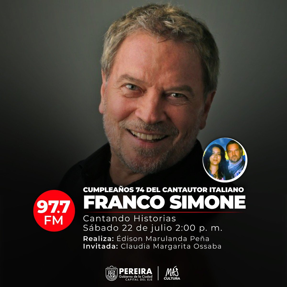 El cantautor italiano Franco Simone cumple 74 años, y #CantandoHistorias invita a la fundadora del club de fans de Colombia, Claudia Margarita Ossaba, para que nos hable de sus éxitos, del nuevo álbum y la gira de septiembre en Chile. 

#MásCultura #EmisoraCulturalDePereira