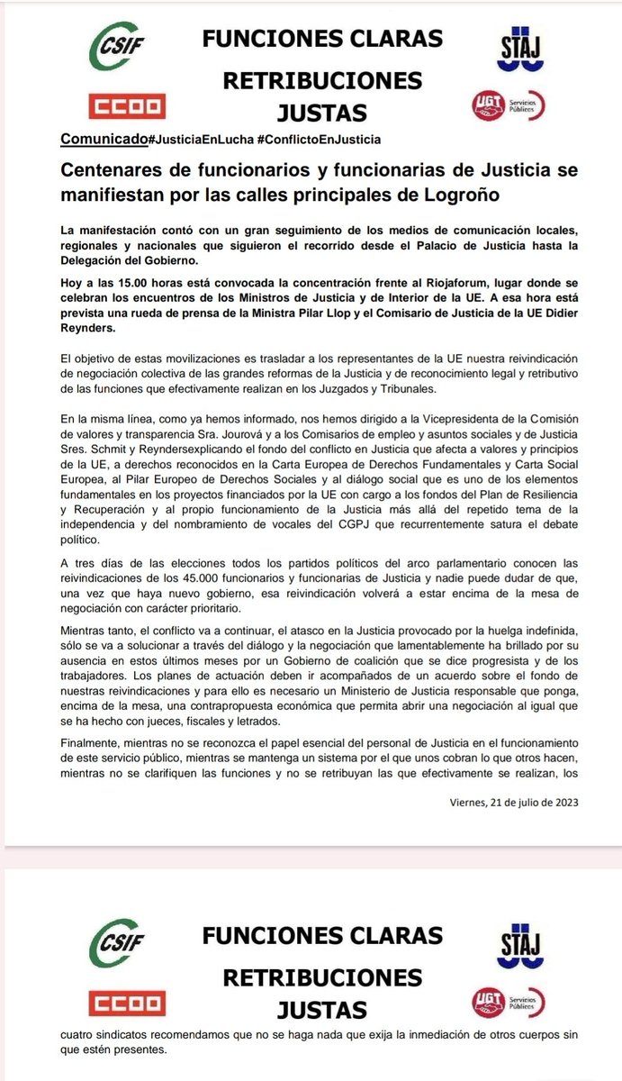 🔴 CENTENARES DE FUNCIONARIOS Y FUNCIONARIAS DE JUSTICIA SE MANIFIESTAN POR LAS CALLES DE LOGROÑO PARA TRASLADAR A LOS MINISTROS/AS DE JUSTICIA DE LA UE NUESTRAS REIVINDICACIONES 

👉🏻 Comunicado del comité de huelga

#huelgaenjusticia
#huelgafuncionariosjusticia