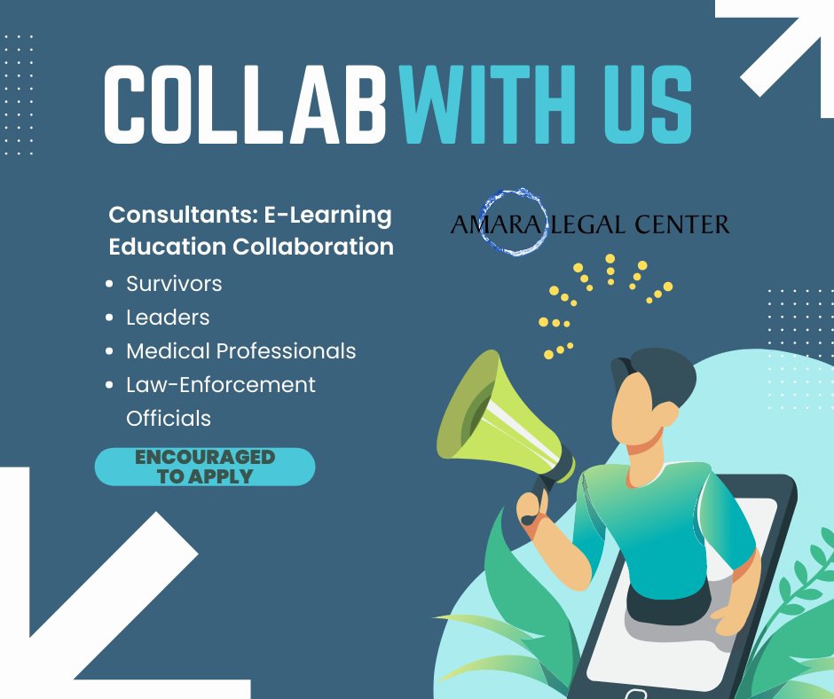 Join our E-Learning Trafficking Education Collaboration!  
Shape our human trafficking curriculum for e-learning modules. 
Apply: recruiting@amaralegal.org
Combat human trafficking, empower communities!  
#ABEElearningCollaboration #CallforConsultants #HumanTraffickingEducation