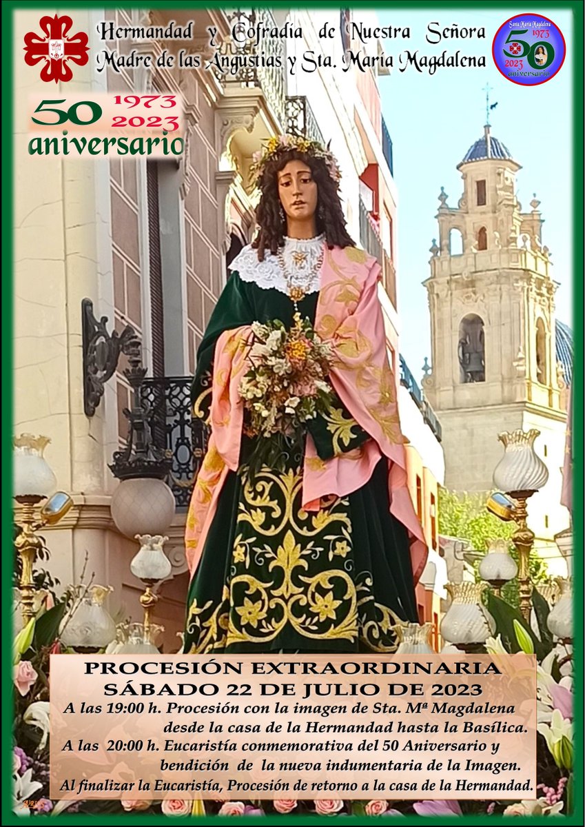 Nuestra Hermandad está de celebración pues este año, hace 50 años que la imagen de Sta. Mª Magdalena llegó a ella para procesionar en la Semana Santa Aspense.