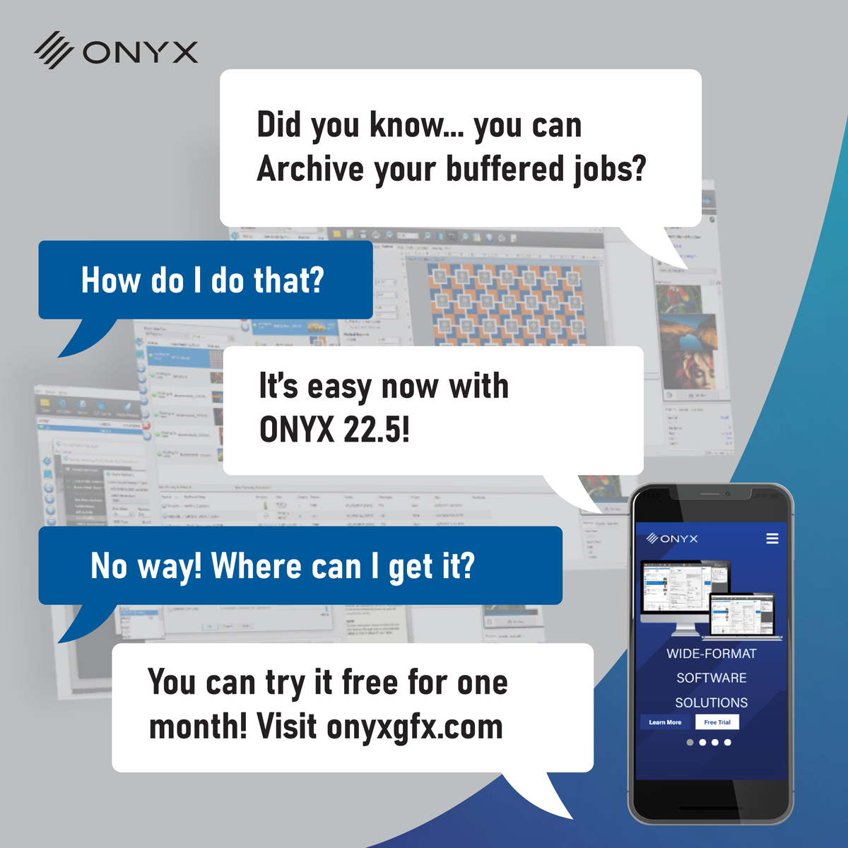 Want an easy way to backup, search for, and restore jobs for future use? ONYX 22.5 introduces ONYX Archive, a new feature for all ONYX products that improves RIP performance, saves time, and reduces the risk of data loss. Get your free month trial now at onyxgfx.com/products/onyx-…