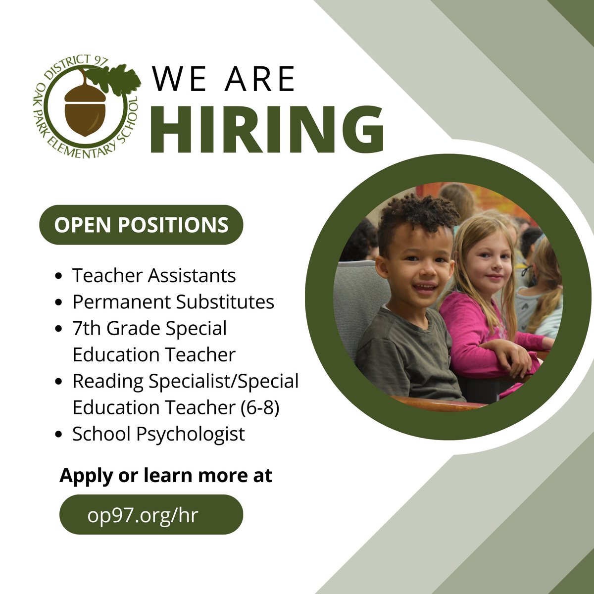 Join the District 97 family and help us start the school year strong! We are hiring for a number of positions for the 2023-24 school year. Learn more and apply today at op97.org/hr.