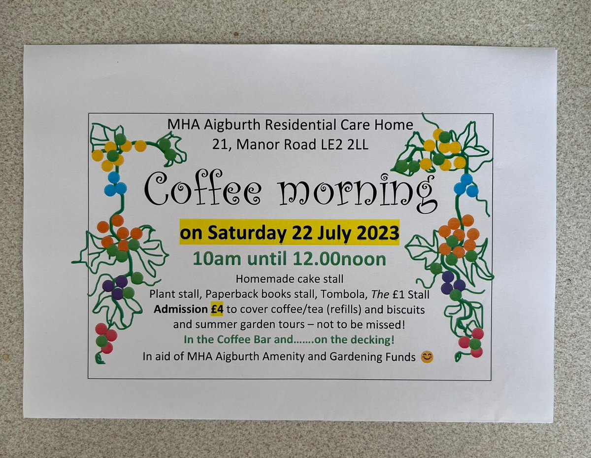 Aigburth are holding a coffee morning tomorrow, 10am until 12 noon, in aid of their amenity and gardening funds. Please come along if you can!
