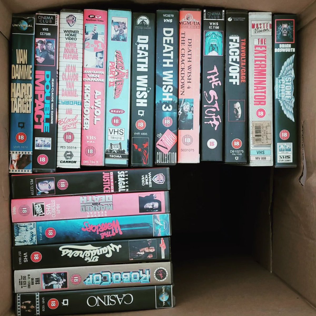 BadMovieCult's tweet photo. Found a box full of my old VHS tapes. 

Some great memories here. 

See any you like? 

Which row is the best? 

Plus 1 in comments with some big box ex-rentals 

#VHS #physicalmedia #moviecollector https://t.co/rmBY8udUBn