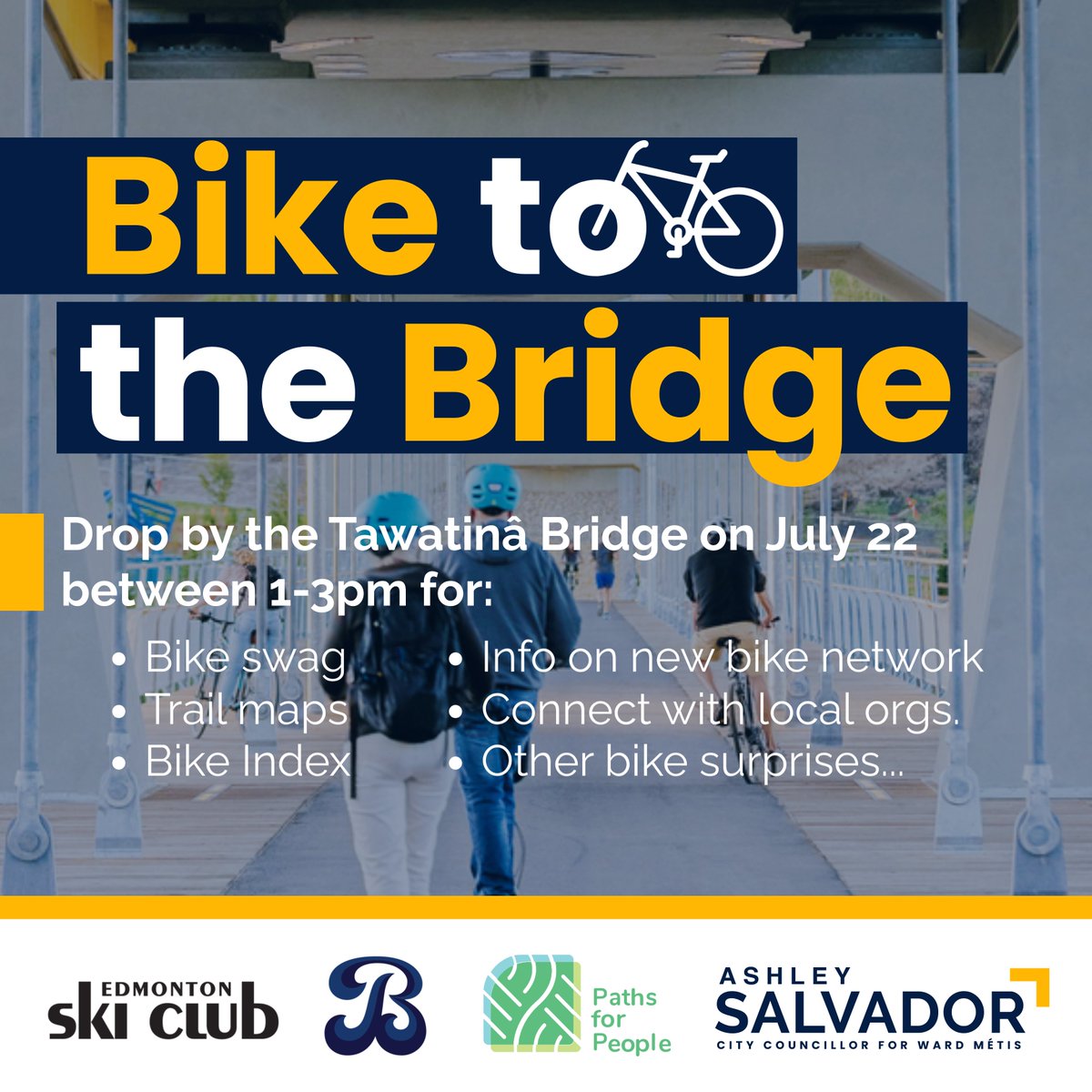 🚲TOMORROW!🚴

Celebrate biking in Edmonton at the Tawatinâ Bridge with fantastic organizations like <a href="/bikeedmonton/">Bike Edmonton</a>, <a href="/pathsforpeople/">pathsforpeople</a>, @edmontonskiclub and <a href="/takeETSalert/">Edmonton Transit Service (ETS)</a> - See you there! #yeg #yegbike #yegcc