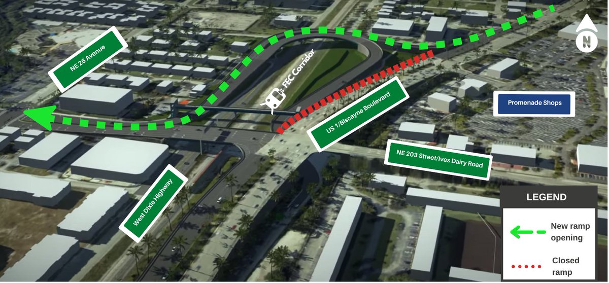 MyFDOT_Miami's tweet photo. Sunday night: New ramp opens on sb Biscayne Blvd to wb NE 203 St. This new ramp marks a major milestone for the #NE203StProject. The ramp improves safety and eases traffic flow for vehicles traveling through this critical intersection. 

@cityofaventura #D6atWork https://t.co/89hemcF3gD