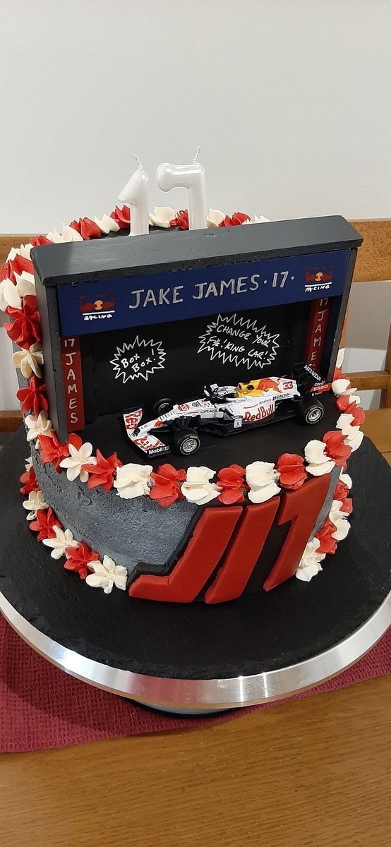 PeteJames81's tweet photo. Just finished my son Jake's #17thbirthday cake 🤩 Aspiring @redbullracing engineer, or future team mate of @Max33Verstappen and @SChecoPerez 🎂🏎 https://t.co/3PK7QBnEOk