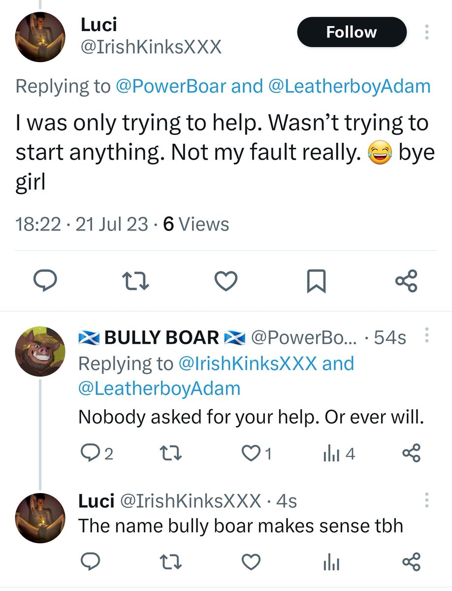 Boarhawke's tweet photo. @IrishKinksXXX This was because you stuck your nose into something that had nothing to do with you and didn't like the response. Grow up. https://t.co/kBJchkHMzv
