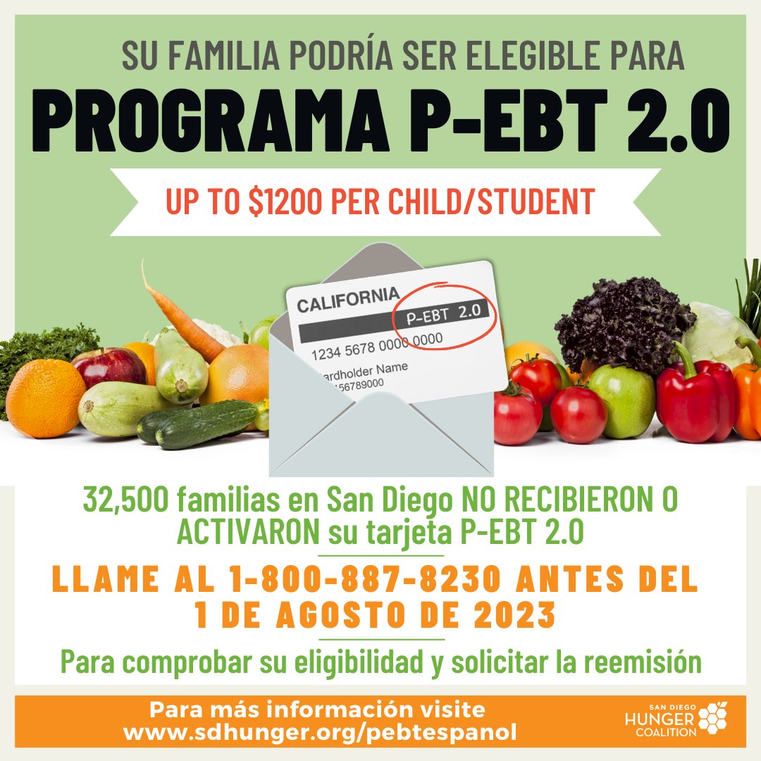 Please share with your networks! / ¡Por favor compartan con sus contactos! 📣

Learn more and donate at sdhunger.org/p-ebt
Para conocer más y donar visite sandiegohungercoalition.org/pebtespanol

Credit: @SDHungerCo 
#HungerFreeSD #FeedingFutures

Visit sandiegohungercoalition.org/p-ebt for details.